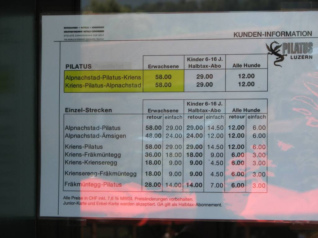 tehat mas lehetoseg nincs a feljutasra. es sok ember megy fol. nezzuk mi is a hegyisvasut jegyarait az amugy csodas Pilatus hegy tetejere: 58 CHF (svajci frank) szor ketto az 116 frank, szor 152 az 17632 Ft/fo. felmegyunk????......:-((